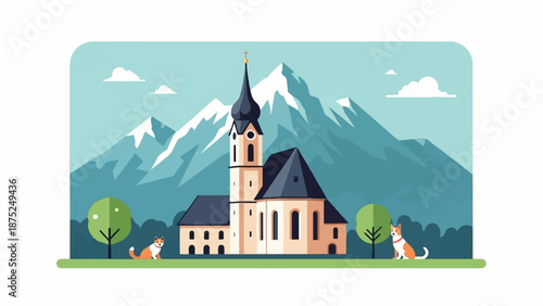 A picturesque church stands tall against majestic, snow-capped mountains with two friendly dogs nearby