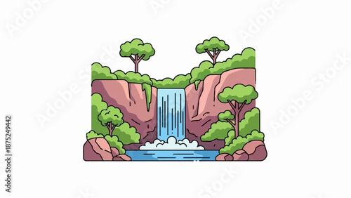 A picturesque cartoon waterfall cascades down rocky cliffs amidst lush green trees