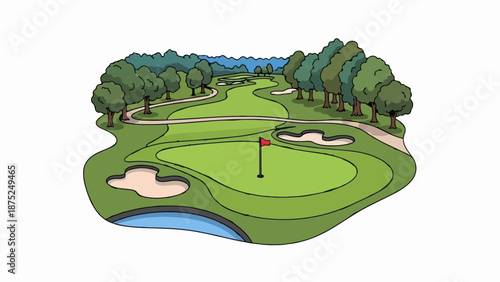 A picturesque golf course with a red flag on the green and surrounding trees and hazards