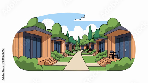 A picturesque lane leads to a row of modern wooden cabins nestled among lush green trees