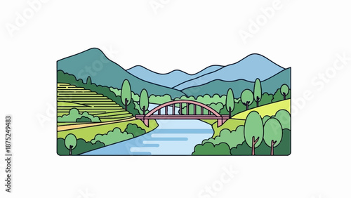 A picturesque scene with rolling hills, a river, and a bridge