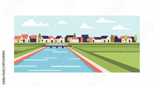 A picturesque village scene with a canal, houses, and green fields under a cloudy sky