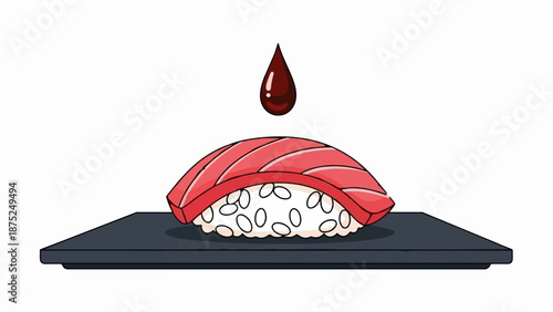 A piece of sushi with a drop of soy sauce descending onto it