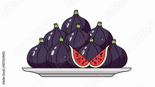 A pile of dark purple figs and two watermelon slices on a gray platter