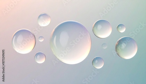 Circular transparent water drops made of glass on toned pastel surface background.