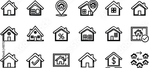 Set of house icons featuring residential building and real estate property vector illustrations with roof and window outline designs for urban architecture signs