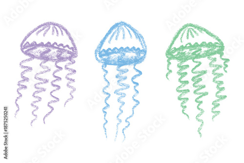 Set of hand drawn jellyfish doodle Sea animal illustration Cute marine underwater creature Medusa sketch clipart Single element for web, design, decor, children's print