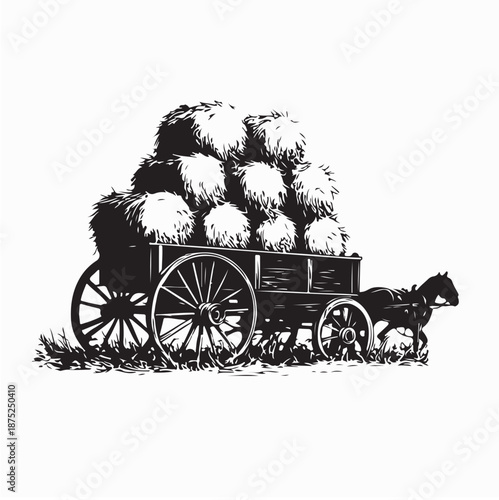 Horse with a Cart Loaded Hay Bales Silhouette Vector on White Background