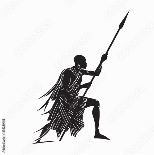 Maasai Warrior With Spear Silhouette Vector isolated on White Background