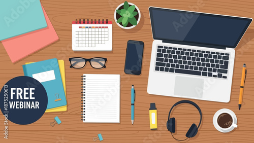 Flat lay of office supplies and technology on a wooden desk with a free webinar announcement