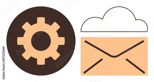 Email services, cloud storage, automation, communication, technology solutions, digital tools. A gear icon next to a cloud and envelope graphic. Email services and cloud storage concepts