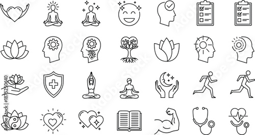 Set of wellness icons, meditation symbols, mental health elements, yoga poses, heart care, lotus flower, mindfulness, healthy lifestyle, medical insurance, and self-care outline vector (21 words)