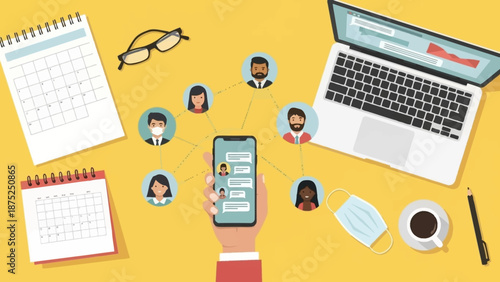 Flat lay of a hand holding a smartphone with social media icons and office supplies on a yellow background.