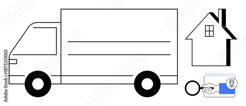 Delivery services, logistics, home relocation, identity check, residence, verification systems. Truck with house icon next to ID card and magnifying glass. Home relocation and identity check concept