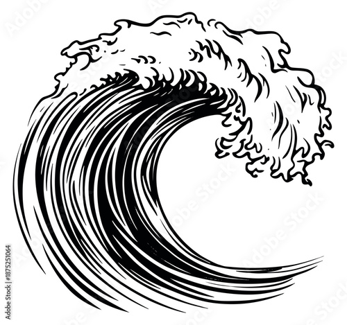 Hand drawn line art illustration of an ocean wave depicting a powerful breaking crest for nautical designs