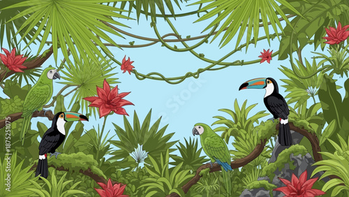 Illustration of colorful toucans and tropical plants in a lush jungle environment with vibrant greenery and red flowers.