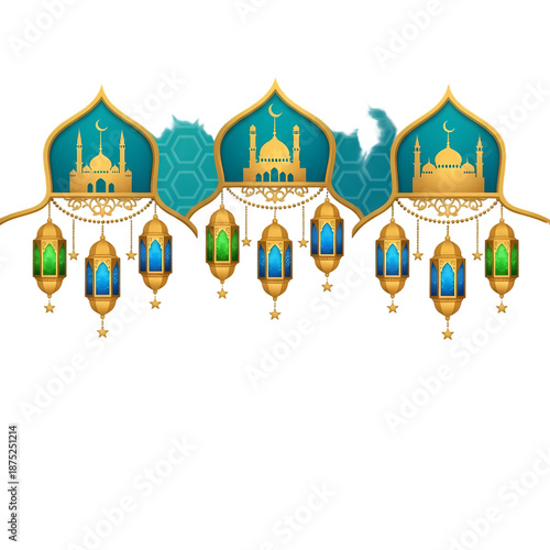 Wallpaper Mural Islamic Decoration with Lanterns and Mosque Silhouettes, Background Removal Torontodigital.ca