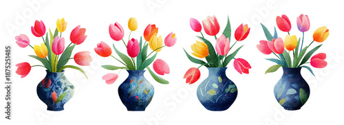 Spring set bouquet with yellow, pink tulips in a vase. Realistic watercolor floral illustration. Perfect for March 8th cards, Easter designs and botanical art. Vector illustration.