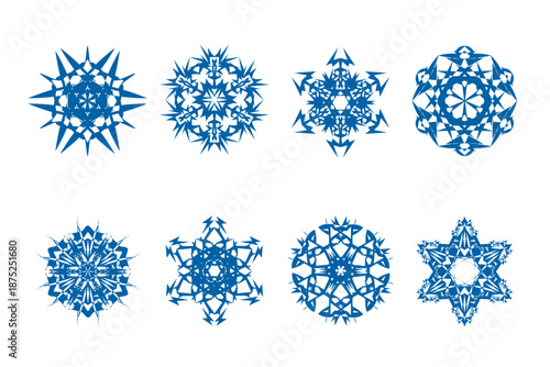 Blue snowflakes set of flat winter snowflakes without background