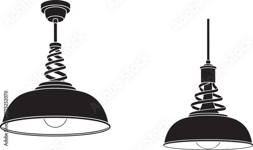 Black and white image of two hanging pendant lamps with spiral details