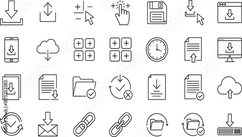 Vector Line Icons of Download and Upload for Web Interface, Cloud Storage, File Transfer, Data Management, and Software Application Projects.