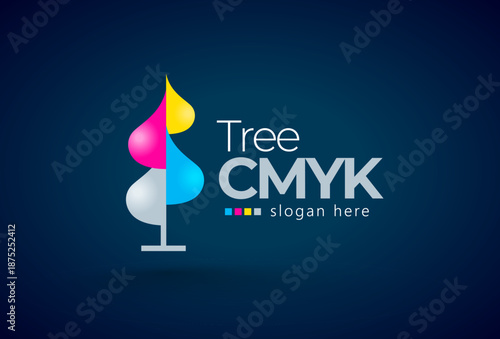 Logo Tree Cmyk Drops. Printing theme. Template design vector. Black background