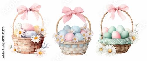Spring Easter eggs nestled in decorative basket with bow, daisies, and pastel watercolor style perfect for holiday greeting cards and festive egg hunt invitations. Vector illustration.
