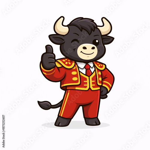 Cute Strong Bull Mascot in Red Matador Outfit Giving Thumbs Up Flat Vector Illustration