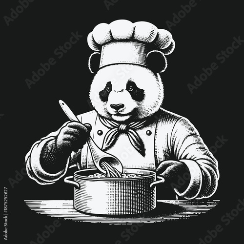 Panda Chef Stirring a Pot of Delicious Noodles.