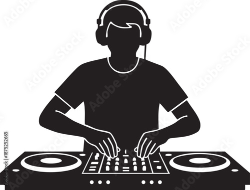 DJ wearing headphones mixing music on turntable silhouette isolated on white background minimalist nightlife and party illustration