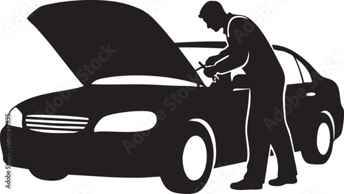 Mechanic leaning under open car hood silhouette isolated on white background minimalist auto repair and service illustration