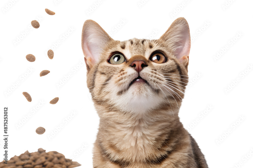 Obraz premium Ultra realistic cat portrait, close-up, cat with mouth gently closed, focused curious expression, eyes looking upward, dry cat food kibble falling around the cat, frozen mid-air, sharp focus, high det