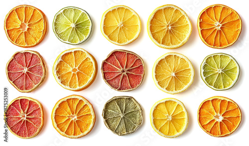Set of dried citrus fruits isolated on a transparent background, top view.	
