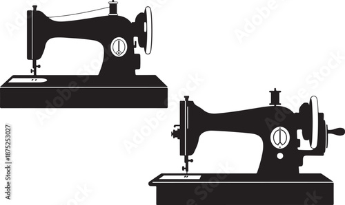 Two black and white sewing machines side by side