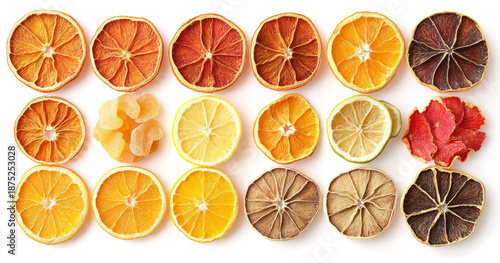Set of dried citrus fruits isolated on a transparent background, top view.	
