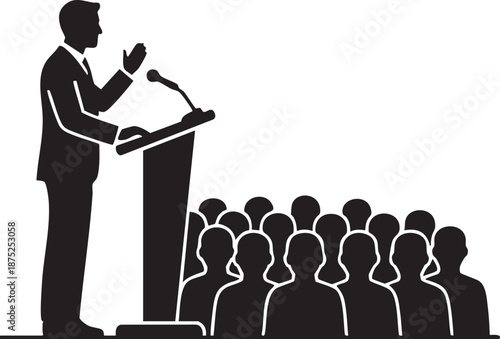 Speaker standing behind podium with microphone silhouette isolated on white background minimalist public speaking and presentation illustration