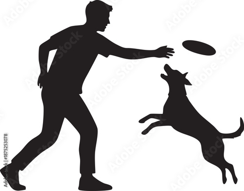 Person throwing frisbee to jumping dog silhouette isolated on white background minimalist outdoor pet activity illustration