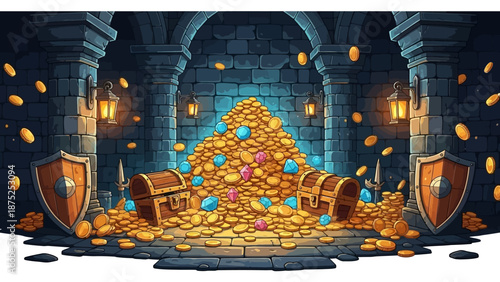 Pixel art illustration of a treasure pile with chests and coins in a medieval castle dungeon