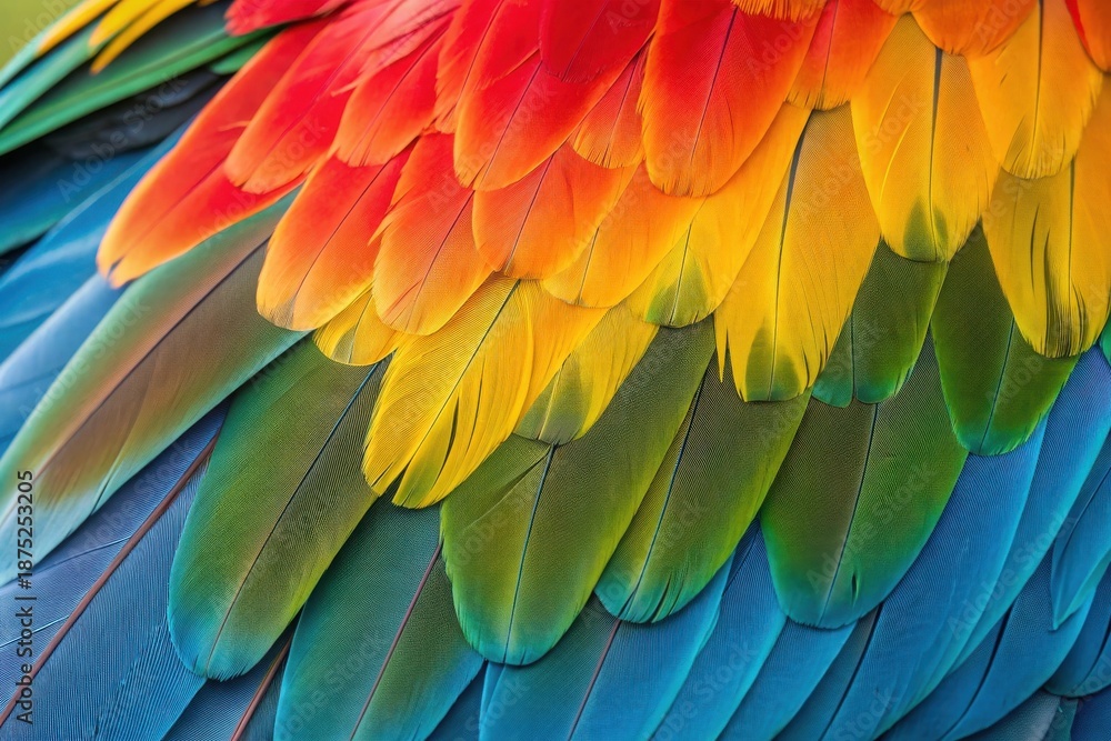Obraz premium Macro close-up of vibrant, colorful macaw feathers arranged in a rainbow gradient, showcasing intricate textures and bold hues.