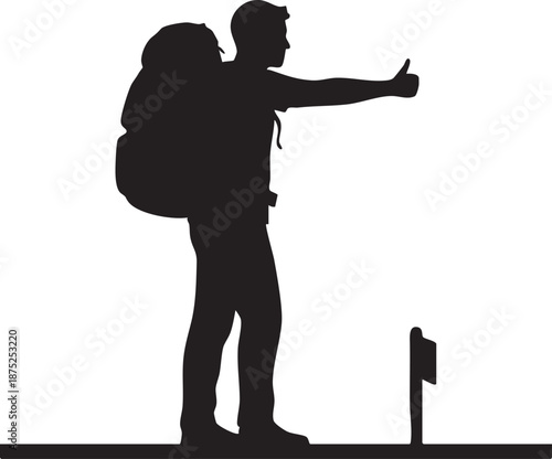 Backpacker hitchhiking on roadside with thumb up silhouette isolated on white background minimalist travel and adventure illustration