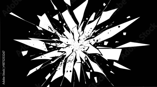 Abstract graphic of white shattered glass fragments exploding outwards on a stark black background.
