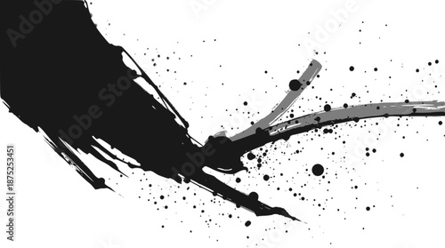 Dynamic black ink splash and brush stroke on white background with scattered droplets, creating an abstract and artistic effect.