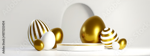 Round stage and golden Easter eggs on white background. Vector realistic illustration of luxury holiday card decoration, sale presentation with platform for product or discount icon, festive banner