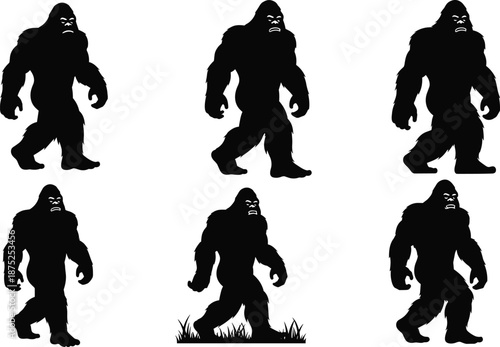 Bigfoot silhouette set of walking sasquatch poses isolated on white background mythical cryptid monster illustration vector design collection