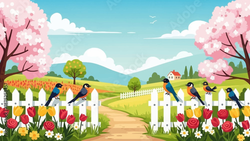 Vibrant spring landscape with birds on a white picket fence surrounded by blooming flowers and trees under a blue sky.