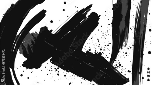 Abstract black ink brushstrokes and splatters on a white background, creating a dynamic and expressive calligraphic art piece with a modern aesthetic.