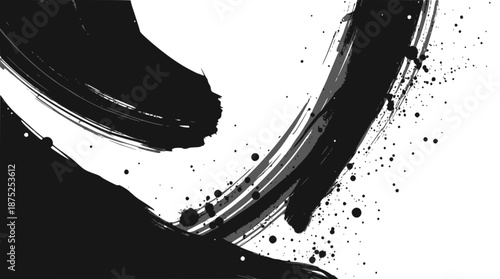 Dynamic black ink brushwork with expressive splatters on a clean white canvas, an abstract art piece.