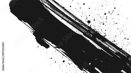 Dynamic black ink brush stroke with splatters on a clean white background, creating an abstract and expressive artistic texture.