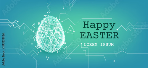 Happy Easter tech background for holiday banner. Vector realistic illustration of futuristic neon egg with abstract circuit pattern, geometric shapes and text on blue green gradient background