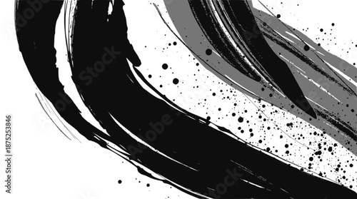 A dynamic abstract background featuring bold black and grey ink brush strokes with scattered splatters on a clean white canvas, evoking a sense of artistic movement.
